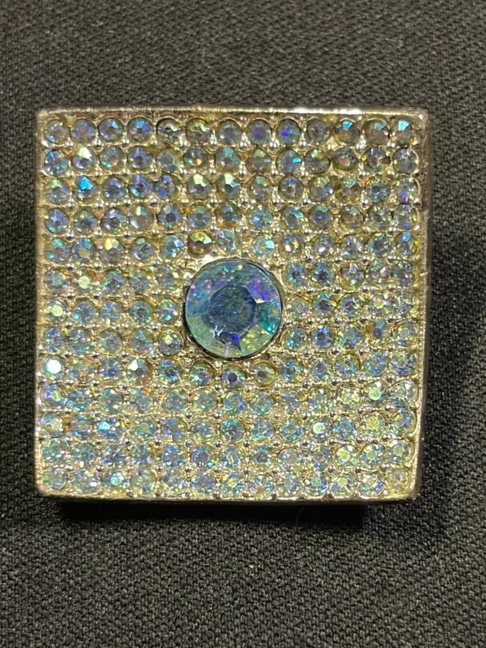 Square Aurora Borealis Rhinestone Brooch Silver Tone